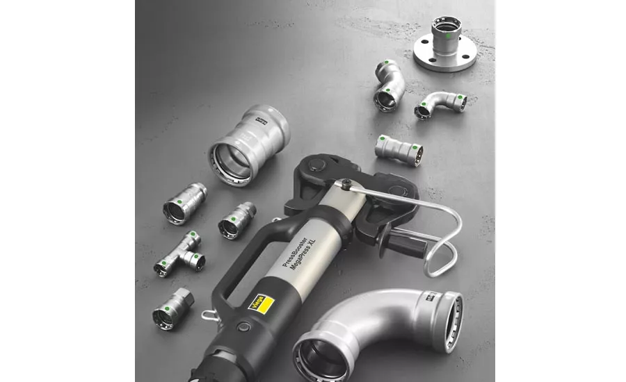 Viega notes its MegaPress XL is the first and only press-fitting system for 2 1/2" to 4” diameter carbon steel pipe