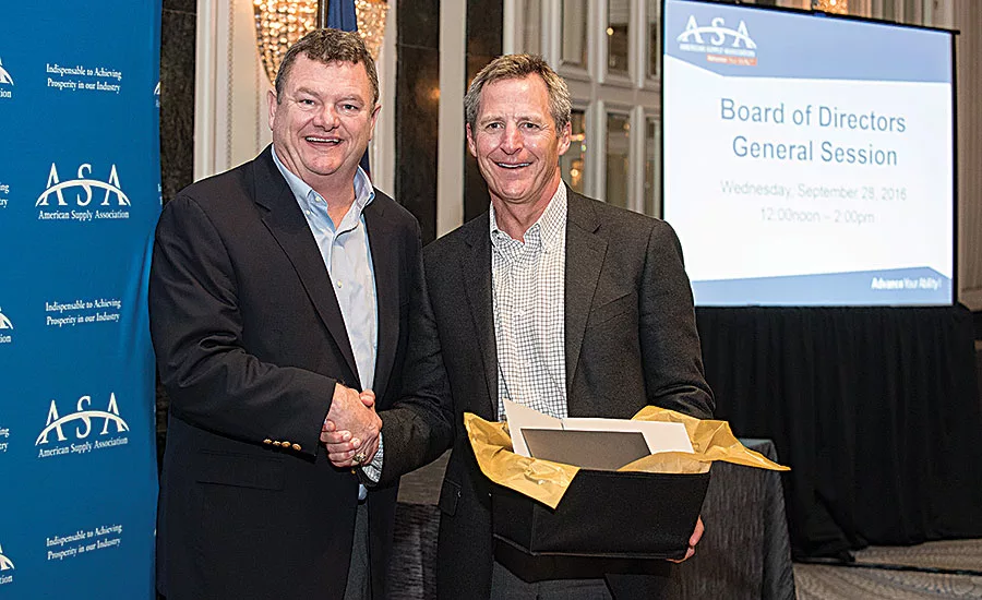 ASA President Tim Milford (Milford Supply, left) with ASA Chairman of the Board Rick Fantham (Hajoca Corp.). Photo by Bob Levy and Courtesy of ASA