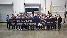 Navien team celebrates the first shipment of the new NWP500 heat pump water heater.
