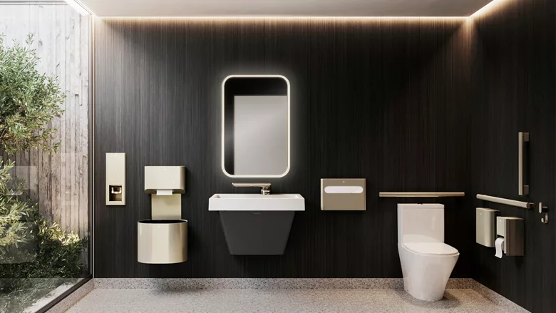 A restroom featuring Bradley's Elvari accessories.