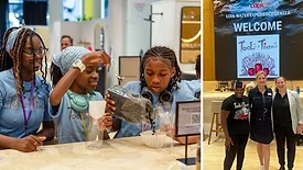 (Left) Three girls work on DIY water filter assembly. (Right) Judaline Cassidy, Amie Millano, and Katie Loeb. 