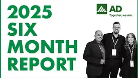 Infographic with "2025 Six Month Report" written, along with the AD logo and three people. 