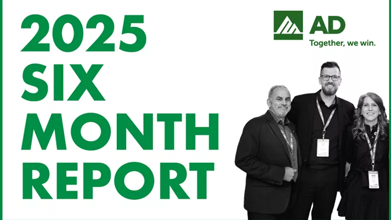 Infographic with "2025 Six Month Report" written, along with the AD logo and three people.