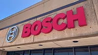 A "Bosch" sign on a building. 