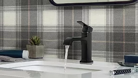 The Peerless Faucet Company Ezra bath faucet with curve spout.