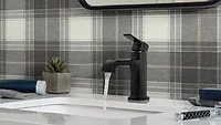 The Peerless Faucet Company Ezra bath faucet with curve spout.