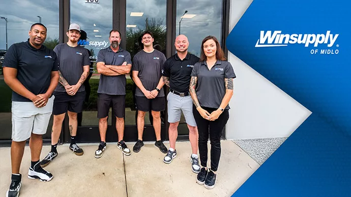 From left: De'Andre Aron, Purchasing Manager; Chris Nicholson, Warehouse Associate; James Fulton, President; Tanner Coker, Warehouse Manager; Jeremy Besson, Territory Manager; and Paige Gaffield, Operations Manager. 