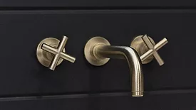 California Faucets Tiburon wall mount faucet with cross handles in Satin Brass (PVD) finish.