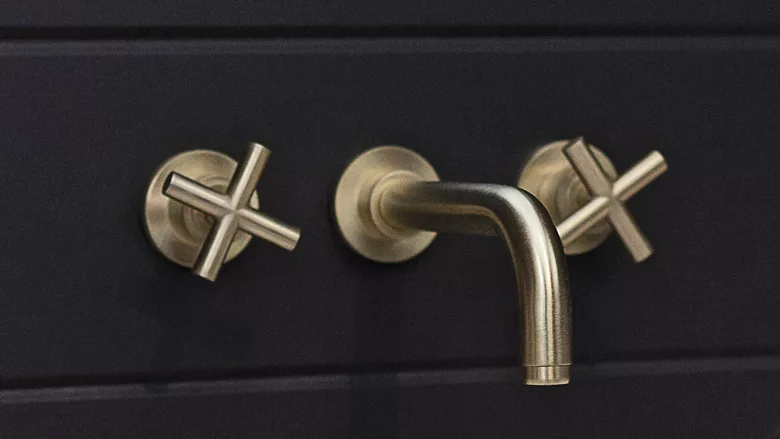 California Faucets Tiburon wall mount faucet with cross handles in Satin Brass (PVD) finish.