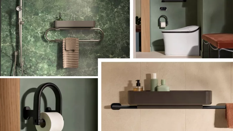 Several bathroom accessories from the Belay Collection by Kohler.