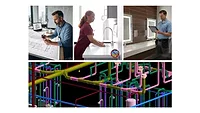Chicago Faucets sponsors ASHE webinar An architect, a nurse washing her hands and a person on a tablet checking a restroom above a picture of pipes.