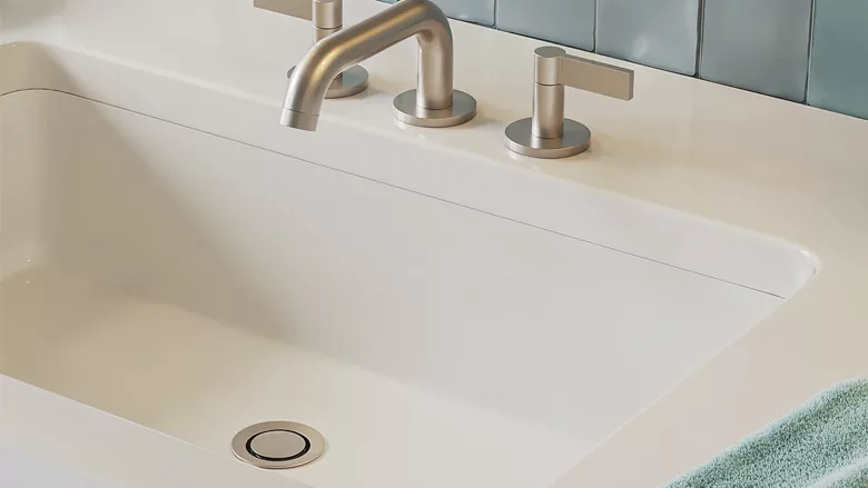 California Faucets ZeroDrain pop-down drain. 