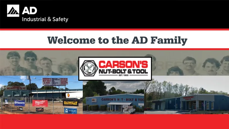 A graphic showing several pictures of Carson's Nut-Bolt & Tool as well as the AD logo.