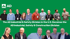 A graphic with several smiling people and the AD logo, with text about the name change from – U.S. Division to Industrial, Safety, and Construction (ISC) Division.