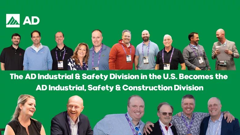 A graphic with several smiling people and the AD logo, with text about the name change from – U.S. Division to Industrial, Safety, and Construction (ISC) Division.