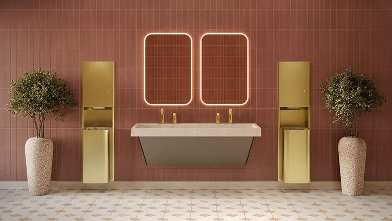 Bradley Company Elvari washroom accessories in brass. 