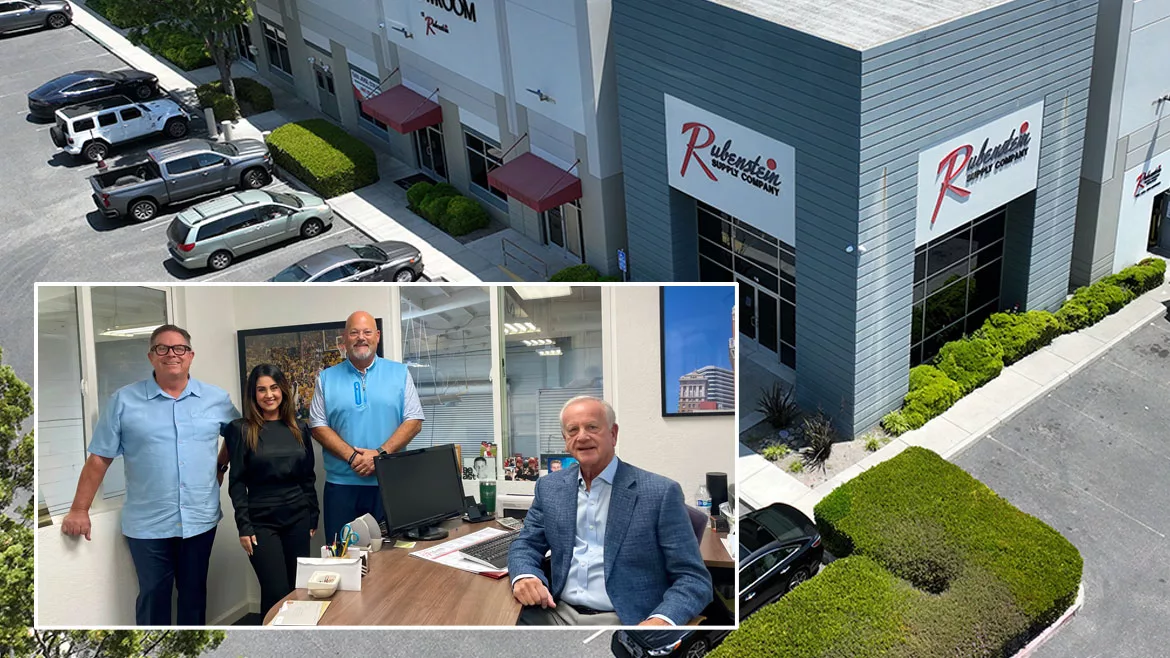 01 SHT 1223 Rubenstein Supply company exterior. Inset from left: Chris Walther VP of Operations, Shima Saremi CFO, Matt Laiolo, President and Craig Rubenstein, CEO.