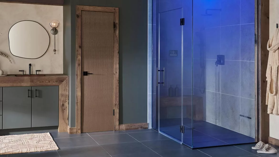 KBIS Product Preview: Brizo Mystix Steam System Transcendent Experience smart shower with blue light