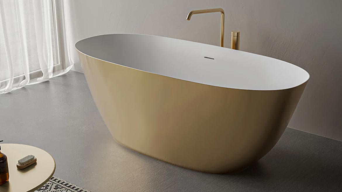 KBIS Product Preview: Ruvati Sinatra Freestanding Bathtub in gold with a white interior.