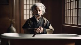 March 2024 Showroom Dollars & Sense column feature image of Albert Einstein in a robe preparing a bath.