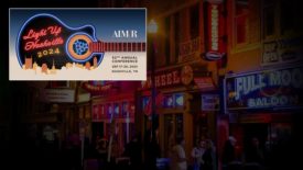 AIMR 52nd Annual Conference Light Up Nashville 2024 street scene faded background with inset of AIM/R 'LIght Up Nashville 2024' logo of guitar, 52nd annual conference information