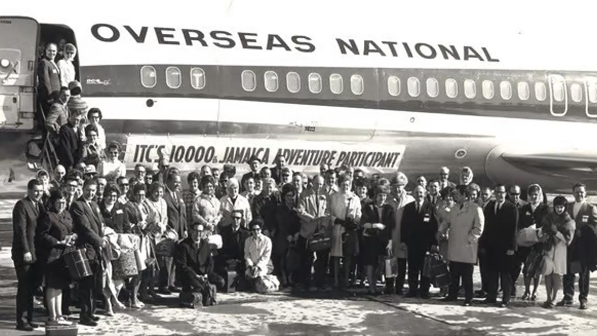 Irr Supply Customer trip on the Maiden Voyage for the DC9 jet to fly from Niagara Falls to Montego Bay, Jamaica. Pictured is the entire group with the airplane in the backgorund.