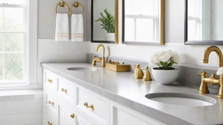Bathroom in white and gray with brushed gold hardware