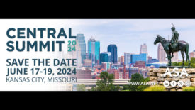 A save-the-date promo for Central Summit 2024 in Kansas City, MO. Image has a cityscape in the background, the ASA website, logo, and social media icons on the lower right-hand side.