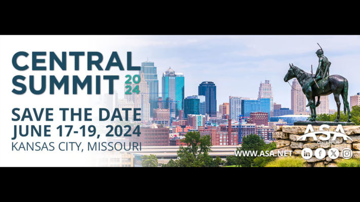 A save-the-date promo for Central Summit 2024 in Kansas City, MO. Image has a cityscape in the background, the ASA website, logo, and social media icons on the lower right-hand side.