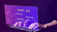 Person on a laptop with a virtual "Chat AI" screen in front of him.