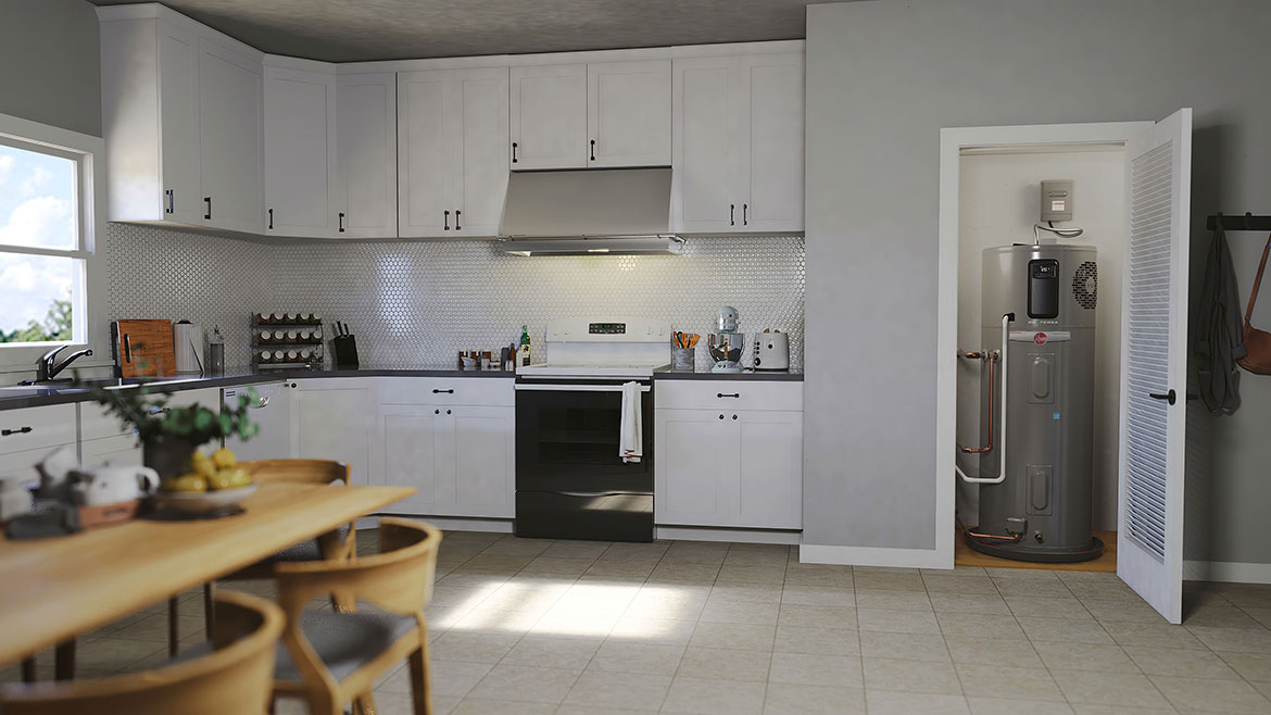 Rheem ProTerra Hybrid Gen 5 water heater in the kitchen
