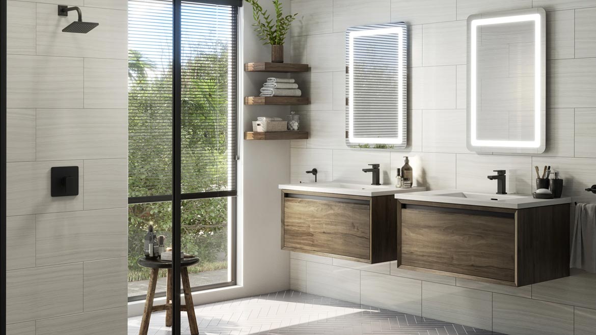 Current Faucets in black. Bathroom with a separated double floating sink and black Current Faucets.