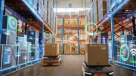 Warehouse using AI robots to move inventory. The shelves are overlaid with digital floating numbers and outlines.