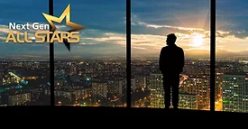 2024 NextGen ALL-STARS  Top 20 Under 40 hero image. Background image of a man looking out at the cityscape at night.