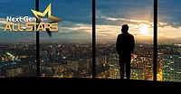 2024 NextGen ALL-STARS  Top 20 Under 40 hero image. Background image of a man looking out at the cityscape at night.