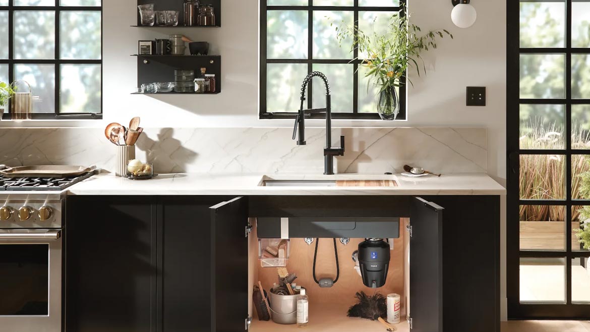 Workstation sink with the under sink cabinet doors open.