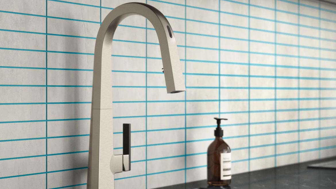 Close-up view of a Moen faucet.
