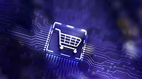 Shopping cart icon in the center of an abstract motherboard.