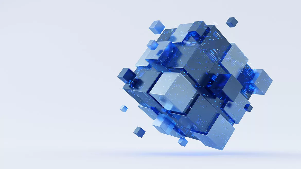 A floating abstract cubic structure with a bluish-white background.
