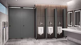 Bathroom with two stalls, three urinals and the sink and mirror area.