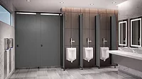 Bathroom with two stalls, three urinals and the sink and mirror area.