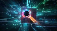 Futuristic, stylized search icon in multicolor, connected to a virtual circuit board.