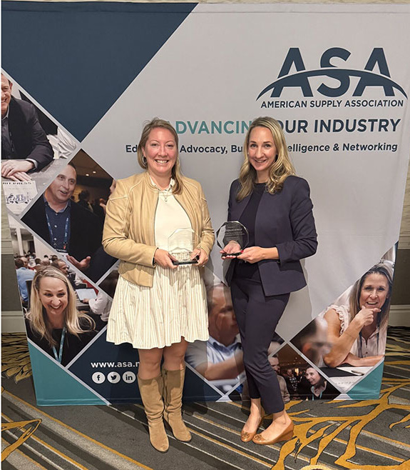 2023 ASA President and CEO/President of First Supply, Kathryn Poehling Seymour and NIBCO President and CEO Ashley Martin posing with their awards.