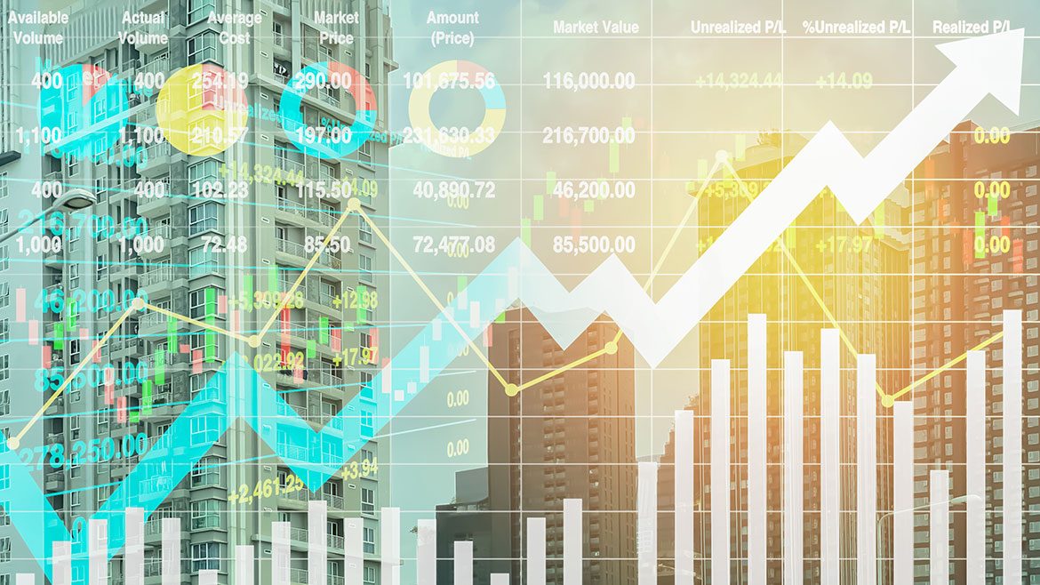Graph of stock financial index show successful investment on property business and construction industry Stock financial index show successful investment on property business and construction industry with graph and chart for presentation and report background.