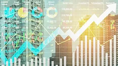 Stock financial index show successful investment on property business and construction industry with graph and chart for presentation and report background.