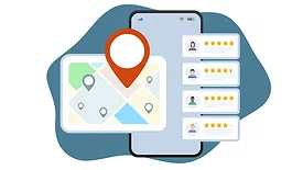 Illustration of listings with maps, red pins, and star ratings for nearby places 