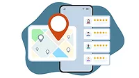 Illustration of listings with maps, red pins, and star ratings for nearby places 