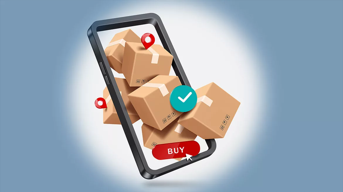Illustration of parcel boxes and icons packed tightly inside smartphone.