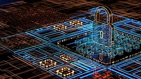 Digital Security concept using a circuit board background, parts of it highlights with a virtual lock floating above.