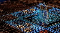 Digital Security concept using a circuit board background, parts of it highlights with a virtual lock floating above.